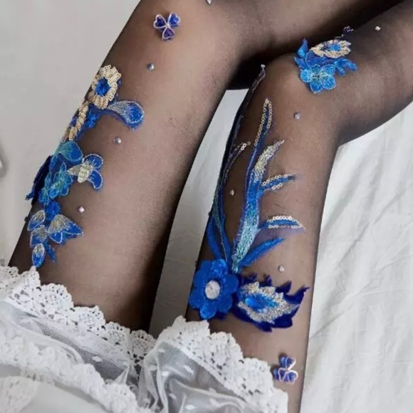 𝅺BLUE AND GOLD FLORAL EMBROIDERED PANTYHOSE WITH SEQUINS AND RHINESTONES - Picture 2 of 7